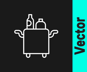 White line Trolley for food and beverages icon isolated on black background. Vector.