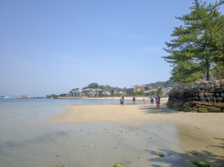 MIYAJIMA, JAPAN - APRIL 10, 2018: People walk along the seafront promenade of Miyajima Island. The seabed was bare at low tide, people walk along the shallows.