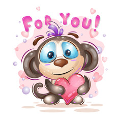 Cute cartoon monkey with a heart in his hands. Colorful childrens illustrations. Positive and unique design.