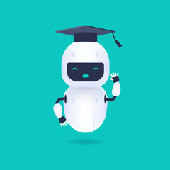 White friendly robot character. Graduated cute and smile AI robot wearing graduation cap. Machine learning concept.