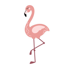 Cute pink flamingo isolated on white background. Tropical exotic bird animal standing on one leg. Flat and doodle vector illustration.