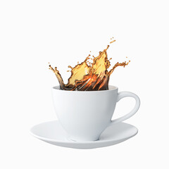 Pouring and splash coffee in white cup, Isolated on white background with clipping path