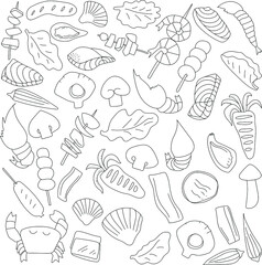 Hand drawn barbecue and seafood set. Vector illustration in doodle art style on white background