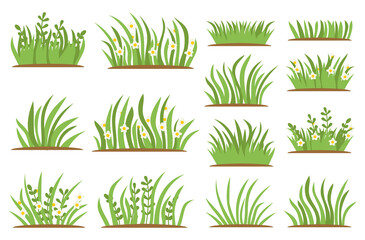 Green Grass flat icon set. Isolated on white background, Leaf borders, flower elements, nature background vector illustration. Green land concept for template design
