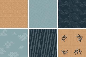 Japanese vector set of background in oriental style for invitation, banner, mobile app, stationery. Abstract background with wave, fan, bamboo in blue, brown. Asian texture pack for greeting card