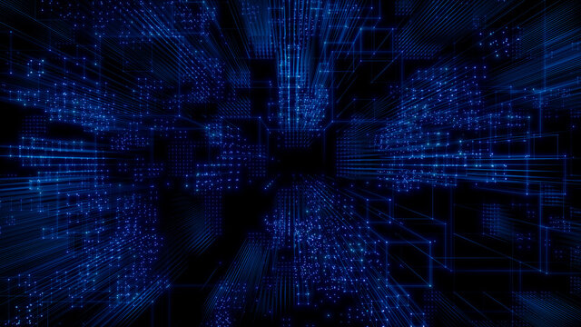 Futuristic, Blue Digital Grid background. Network Tech Wallpaper. 3D Render 