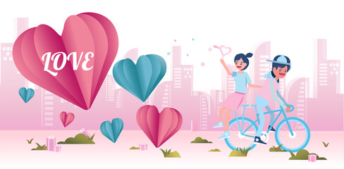Young couple cycling happy together on pink paper abstract background with balloons heart and city view design for valentine's day festival .Vector illustration.paper craft style.
