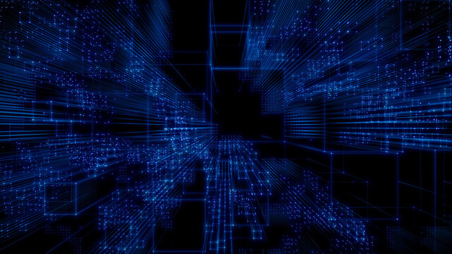 Futuristic, Blue Digital Grid background. Network Tech Wallpaper. 3D Render 