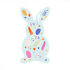 Blue rabbit silhouette with small elements in Scandinavian 
 folk style. Vector illustration of the Easter bunny