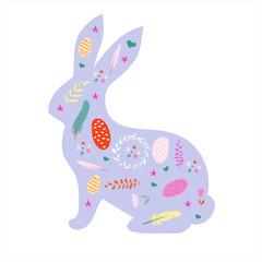 Blue rabbit silhouette with small elements in Scandinavian folk style. Vector illustration of an Easter bunny