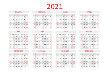 2021 calendar planner. Corporate week. Template layout, 12 months yearly, white background. Simple design for business brochure, flyer, print media, advertisement. Week starts from Sunday. A4 size.