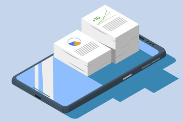 Isometric smartphone with stack of paper and stock analysis.concept