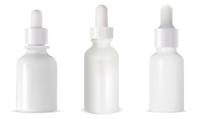 White dropper bottle. Cosmetic eye serum mock up. 3d vector eyedropper packaging mockup. Small vial template with dropper pipette. luxury aroma flask blank for face skin care