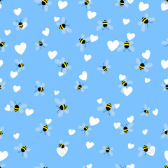Seamless pattern with bees and hearts on color background. Small wasp. Vector illustration. Adorable cartoon character. Template design for invitation, cards, textile, fabric. Doodle style.