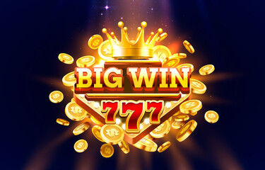 Big Win 777 label frame, golden banner, border winner, Vegas game. Vector
