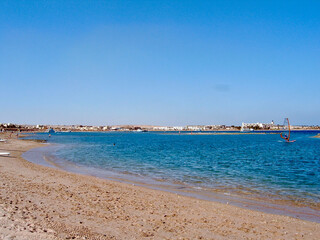 Fototapeta na wymiar View over the beach and the sea in Egypt, Red Sea, Makadi Bay