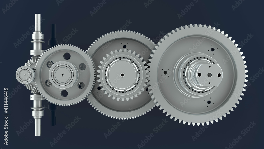 Poster 3d rendering - gears assembly on black background