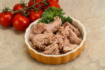 Canned tuna fillet in the bowl