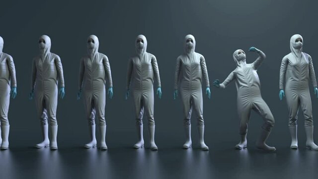 row of people in protective suits and dancer alone