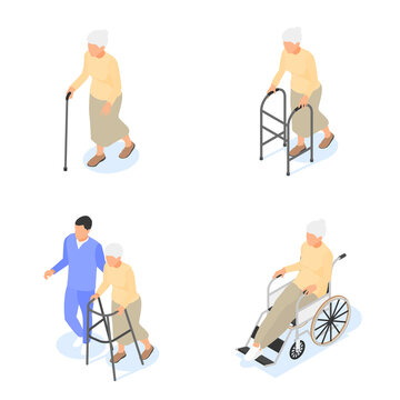 Group of elderly women with walking stick, walker and wheelchair isolated on a white background. Retirement, caring for the elderly.