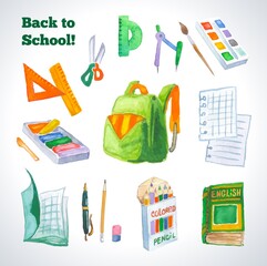 Back to school hand drawn icons isolated on white background. Sketch style vector illustration with school supplies and stationery.