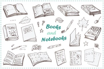 Book and notebook hand drawn vector icons. Set of textbook and stationery doodles