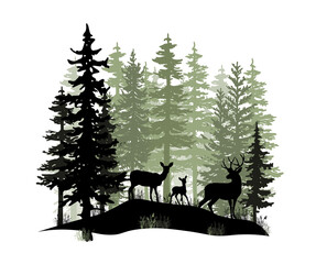 Deer with antlers, doe, fawn posing in magic misty forest. Silhouettes illustration. Coniferous trees.