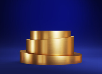 Empty golden podium for display product on blue background.