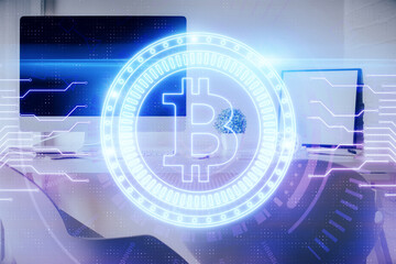 Double exposure of crypto technology theme drawing and office interior background. Concept of blockchain.