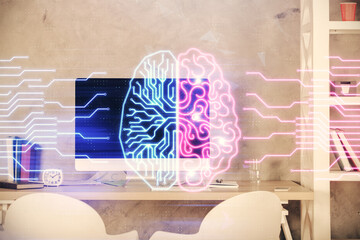 Multi exposure of brain drawing and office interior background. Concept of data technology.