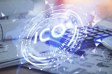 Obraz premium Double exposure of blockchain theme drawings and desk with open notebook background. Concept of Crypto currency