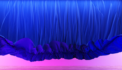 Empty stage with blue velvet curtains in motion. 3d illustration