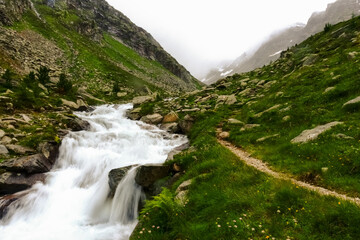 Fototapeta na wymiar wonderful white cold mountain brook in a landscape with many rocks