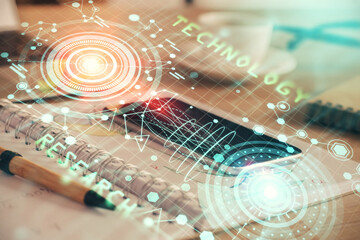 Double exposure of data theme drawing and mobile phone background. Concept of innovation