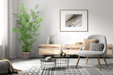 Interior of living room with armchair and coffee tables 3d rendering