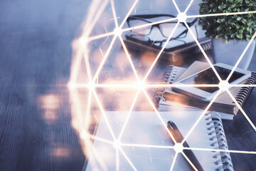 Double exposure of social network theme drawing and cell phone background. Concept of people connection over the world