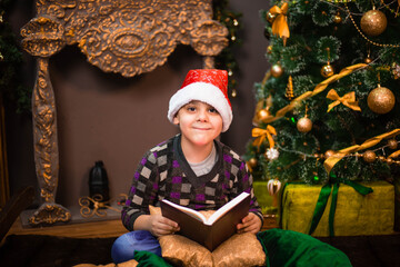 A boy in a Santa hat sits near a Christmas tree with a book in his hands.