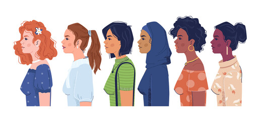Women of different nationalities side view flat cartoon portraits. Vector multiculturalism, multiracial, feminism concept. Diverse of people, european, arabian and afro american girls, skin colors © Sensvector