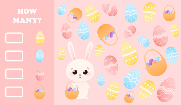 Cute childish educational riddle with easter bunny holding basket with eggs on pink background, how many game for kids for children books or printable worksheets for school, kindergarden, easter theme