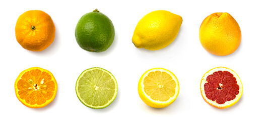 set grapefruit, lime, lemon and tangerine on white background