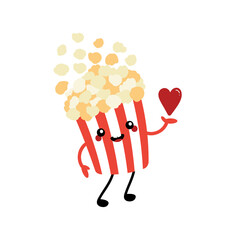 Cute cartoon style smiling popcorn bucket character holding in hand red heart. Love, caring, appreciation concept.
