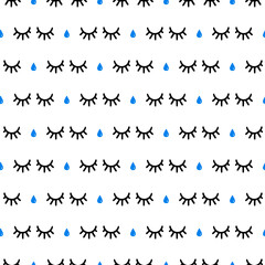 Eyelashes and tear drops vector cartoon style seamless pattern background.