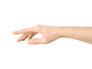 Female hand reaches for something or points to something isolated on a white background