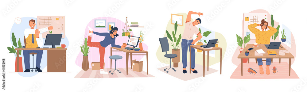 Poster employees working from home or office stretching and doing small exercises at workplace to get rest 