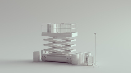 White Scissor Lift Aerial Work Platform Lowered with Barrels 3d illustration  render	
