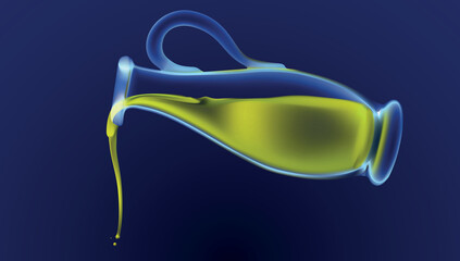 Bottle of extra virgin olive oil, pouring olive oil ingredient of mediterranean cuisine, glass amphora of olive oil, transparent vector object on blue dark background