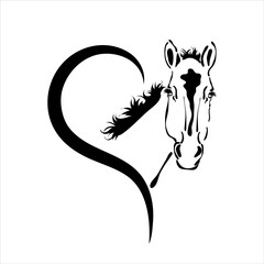 Vector illustration of heart with horse. Symbol of stallion, care and love for animals.