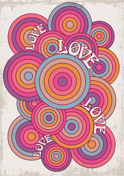 1960s, 1970s Background, Hippie Style Love Illustration, Psychedelic Colors, Grunge Texture