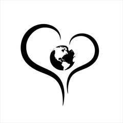 Vector illustration of heart with planet earth. Symbol of environment, world and care.