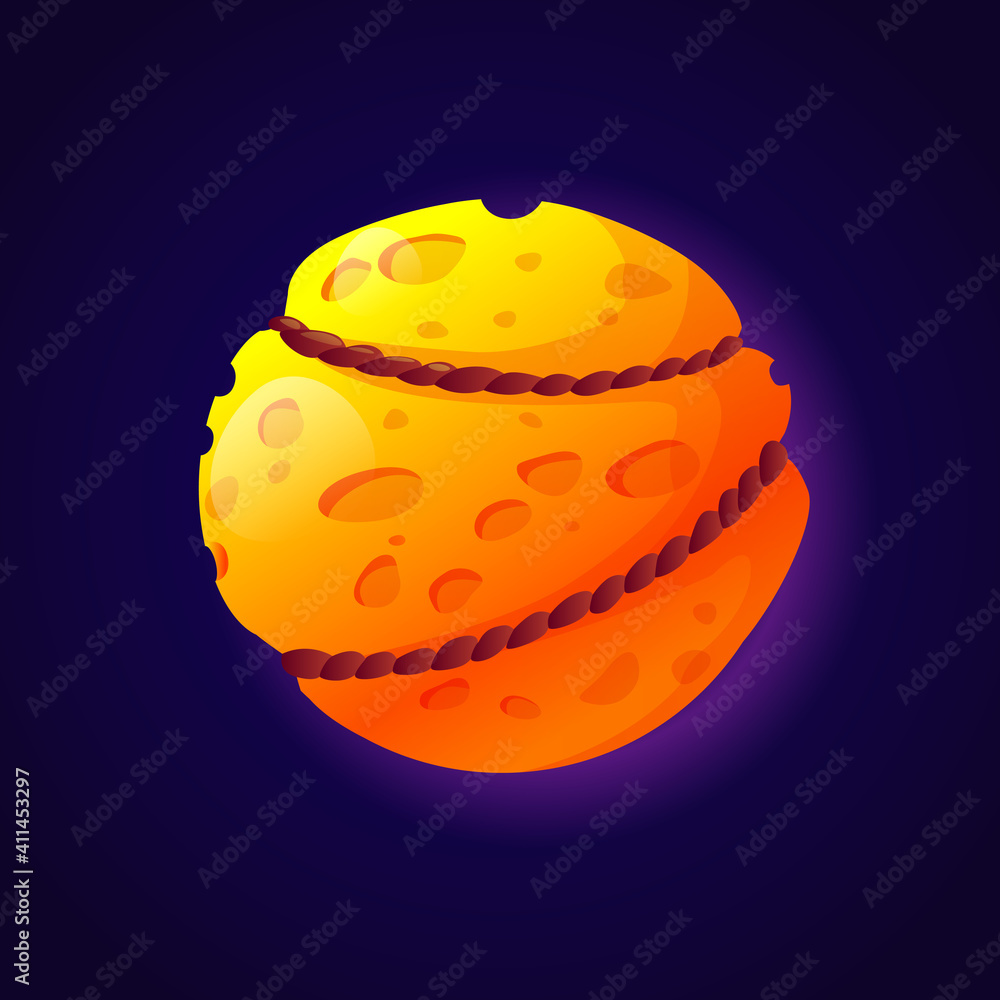 Poster Moon and cheese like fantasy planet tied with ropes or chains. Isolated universe celestial body design, Asteroid or meteor with crates and bumps on cosmic surface. Cartoon vector in flat style